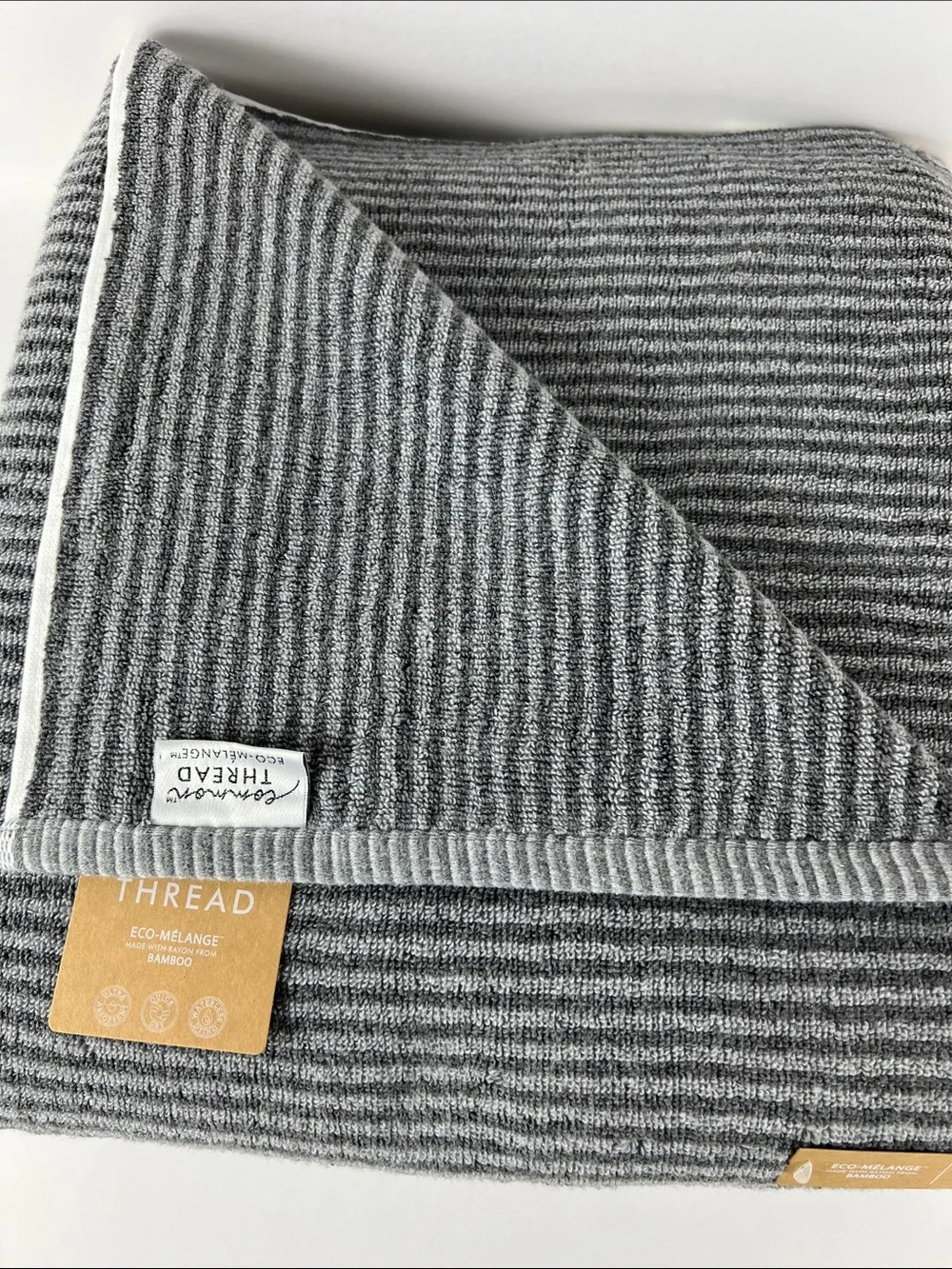 Common Thread Bath Towels Bamboo Eco-Mélange Gray Striped Soft Set of 2 NEW